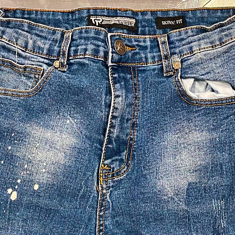 Tailored Recreation skinny fit industrially enhanced blue jeans